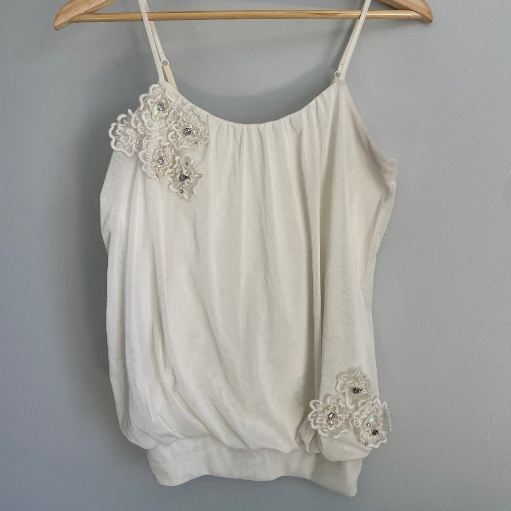 EXPRESS | white mesh camisole w/ beaded floral embellishments - size SM
